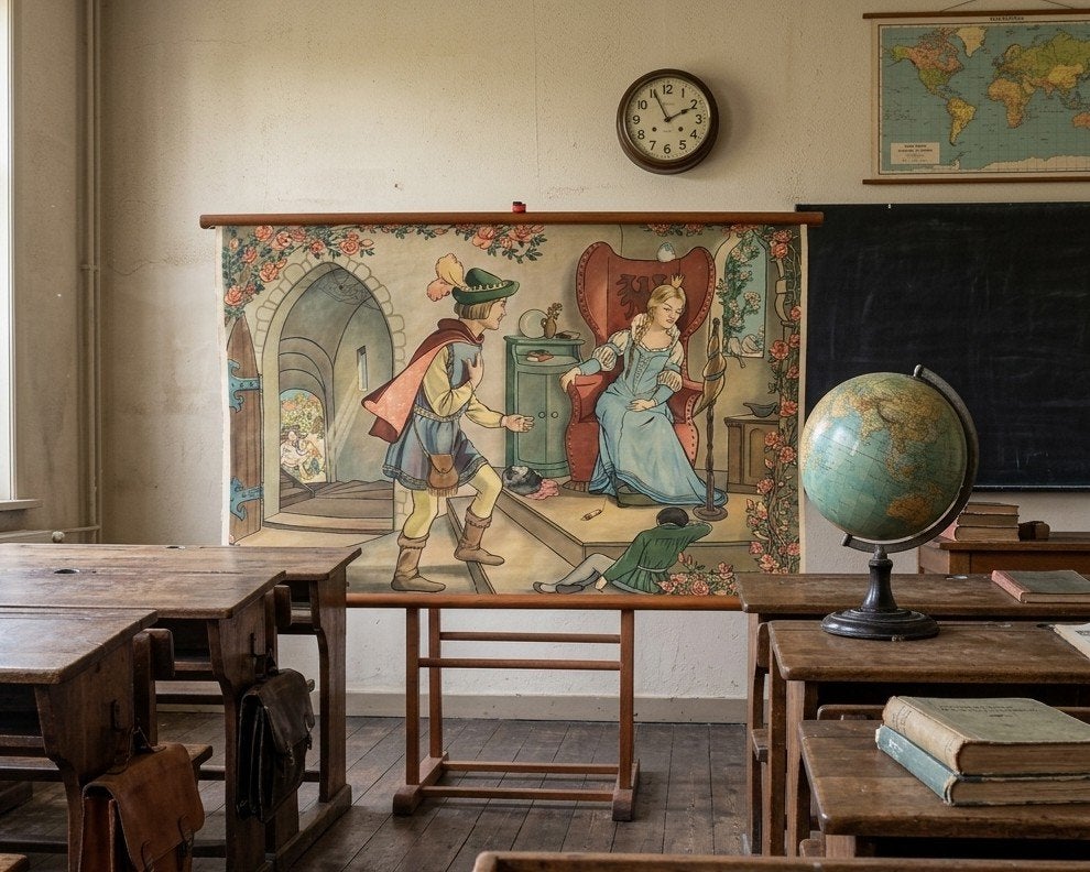 Oude schoolkaart met voorstelling sprookje., Antiek en Kunst, Ophalen