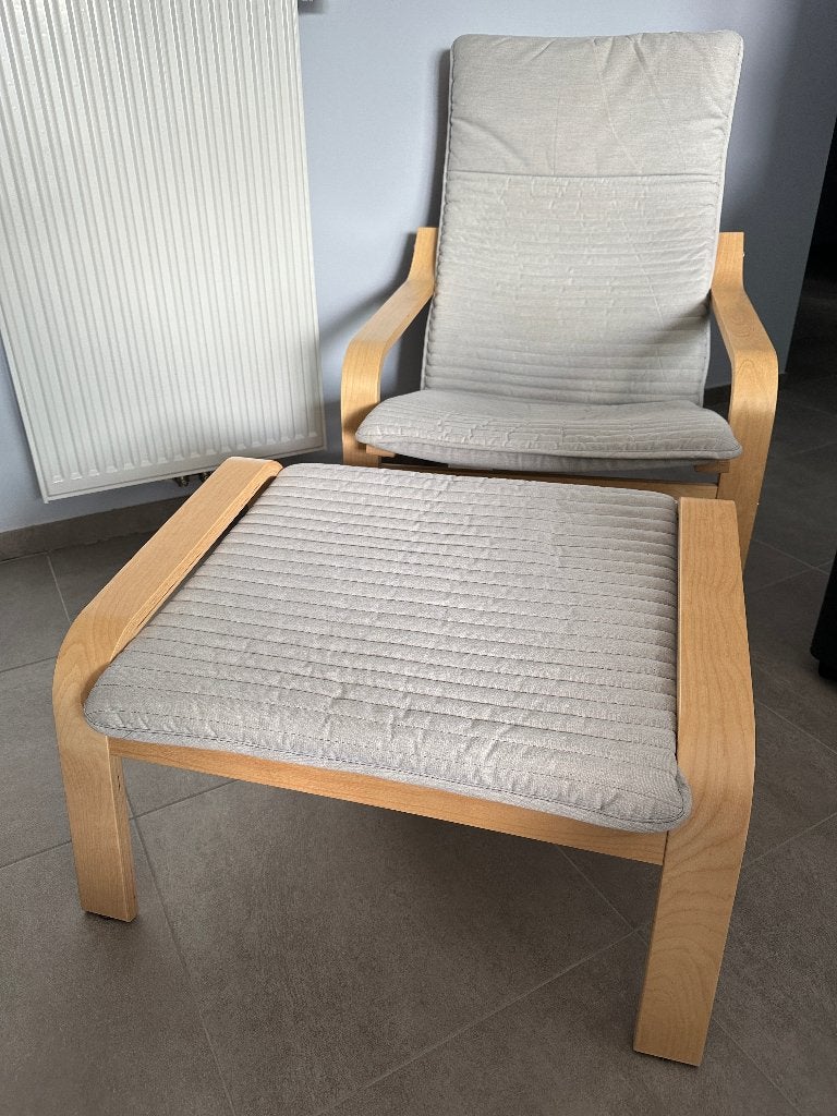 Ikea, POÄNG Fauteuil avec repose-pieds /Knisa beige clair, Maison & Meubles, Enlèvement, Comme neuf, Bois