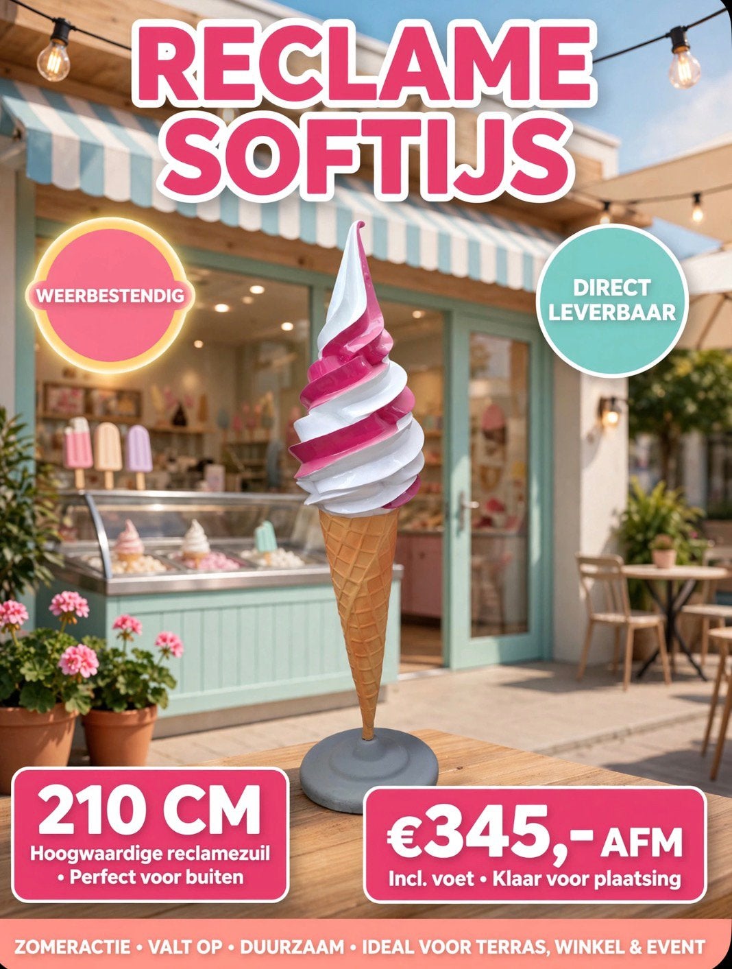 RECLAME SOFTIJS - 210 CM - ROZE/WIT  polyester nieuw, Zakelijke goederen, Ophalen