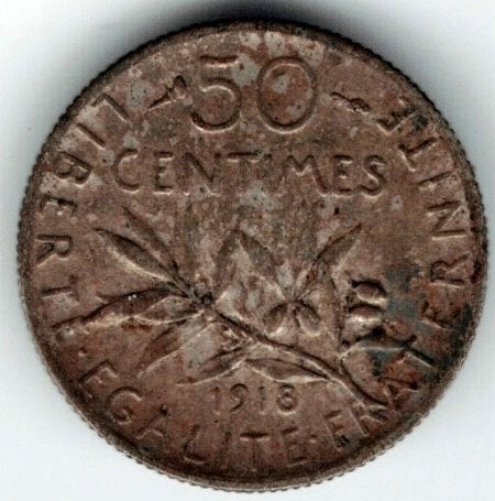 50 centimes 1918 Frankrijk zilver, Postzegels en Munten, Munten | Europa | Niet-Euromunten, Verzenden, Frankrijk, Losse munt, Zilver