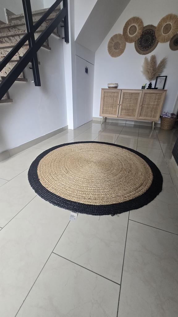 Jute ronde vloerkleed, Maison & Meubles, Ameublement | Revêtements de sol, Enlèvement, Comme neuf, Noir
