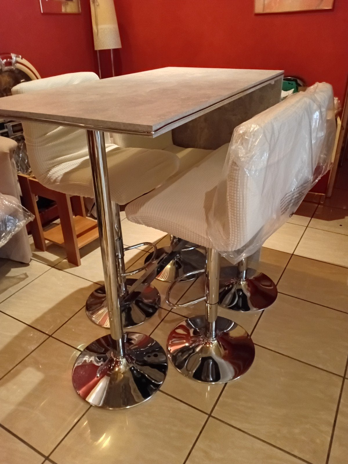 ensemble table et 4 chaises hautes pied chromé, Maison & Meubles, Teck, 100 à 150 cm, Quatre personnes, Comme neuf