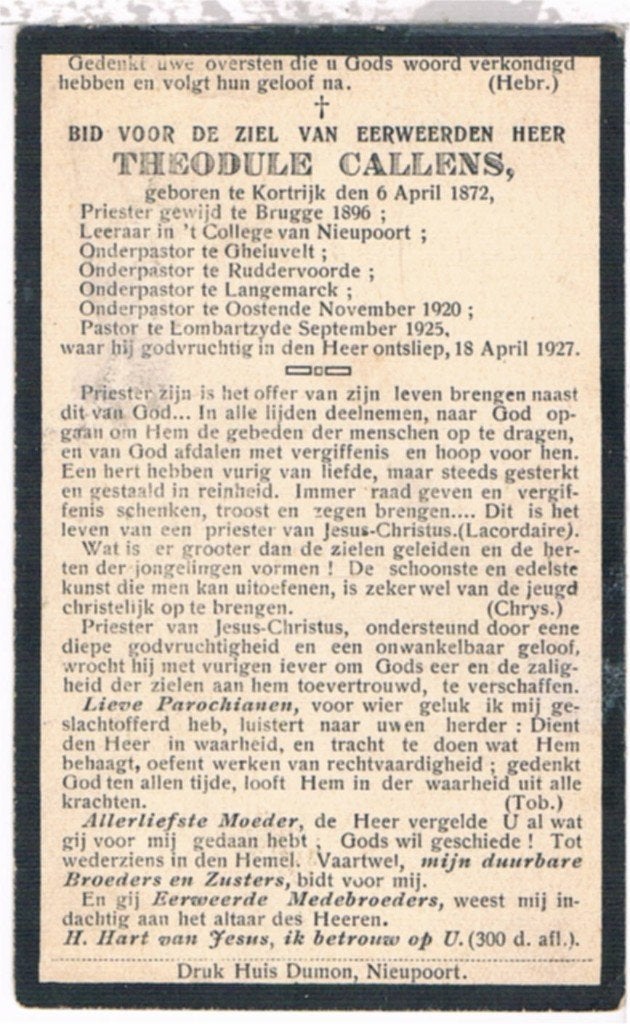 Priester Callens Theodule ° Kortrijk 1872 † Lombartzyde 1927, Verzamelen, Ophalen of Verzenden, Bidprentje