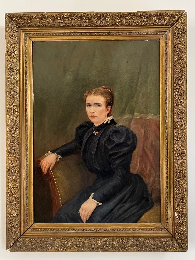 Antiek damesportret, olieverf op doek, grote vergulde lijst, Portrait ou Personnes, Peinture à l'huile, Peint à la main, Enlèvement
