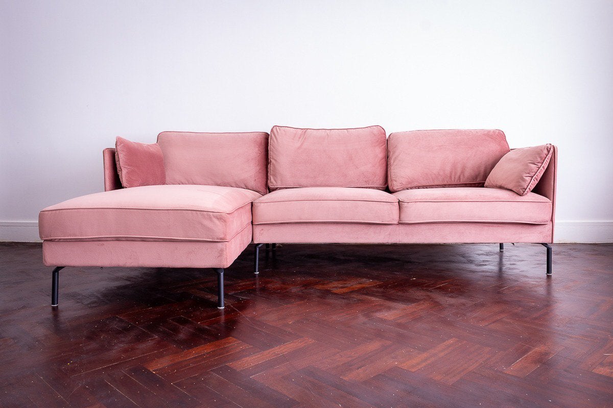 Roze velvet hoekzetel met chaise longue, Ophalen, 250 tot 300 cm, Nieuw, 75 tot 100 cm