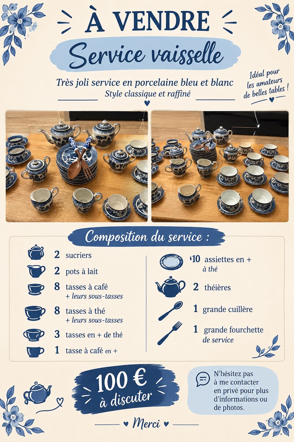 À VENDRE SERVICE À VAISSELLE BLEU ET BLANC, Enlèvement, Comme neuf