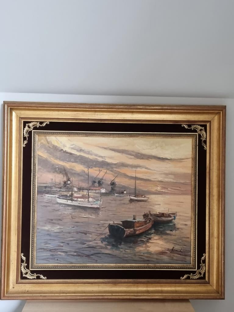 Port espagnol au coucher du soleil à l'huile"Funes » 1960/80, Enlèvement