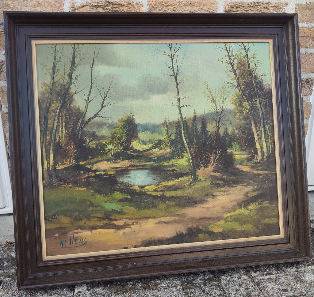 Gesigneerd vintage landschapsschilderij – NELLENS, Peinture à l'huile, Paysage, Signé, Enlèvement