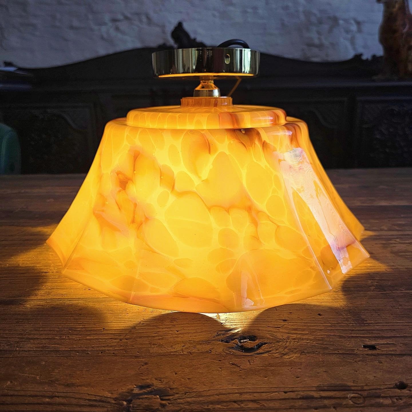 Vintage gemarmerde uraniumglazen Art Deco plafondlamp, Ophalen of Verzenden