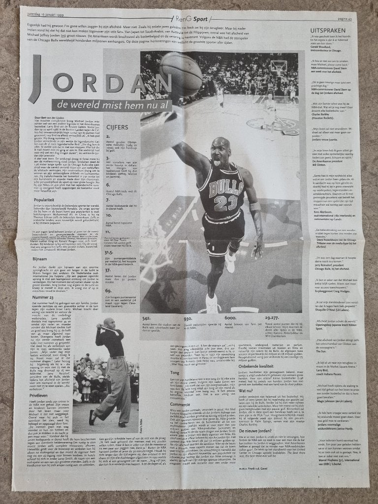 Groot artikel basketballer Michael Jordan (1999), Collections, Revues, Journaux & Coupures, Enlèvement ou Envoi, 1980 à nos jours