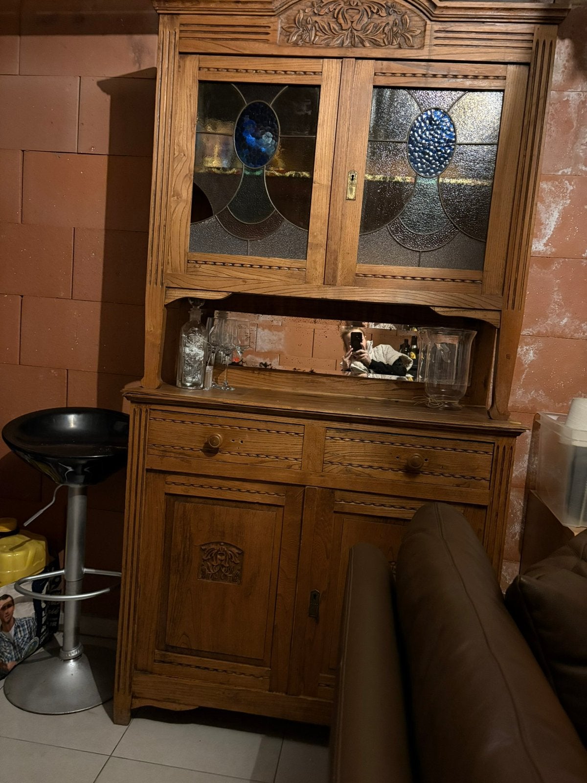Antieke glas in lood buffetkast, Antiek en Kunst, Ophalen
