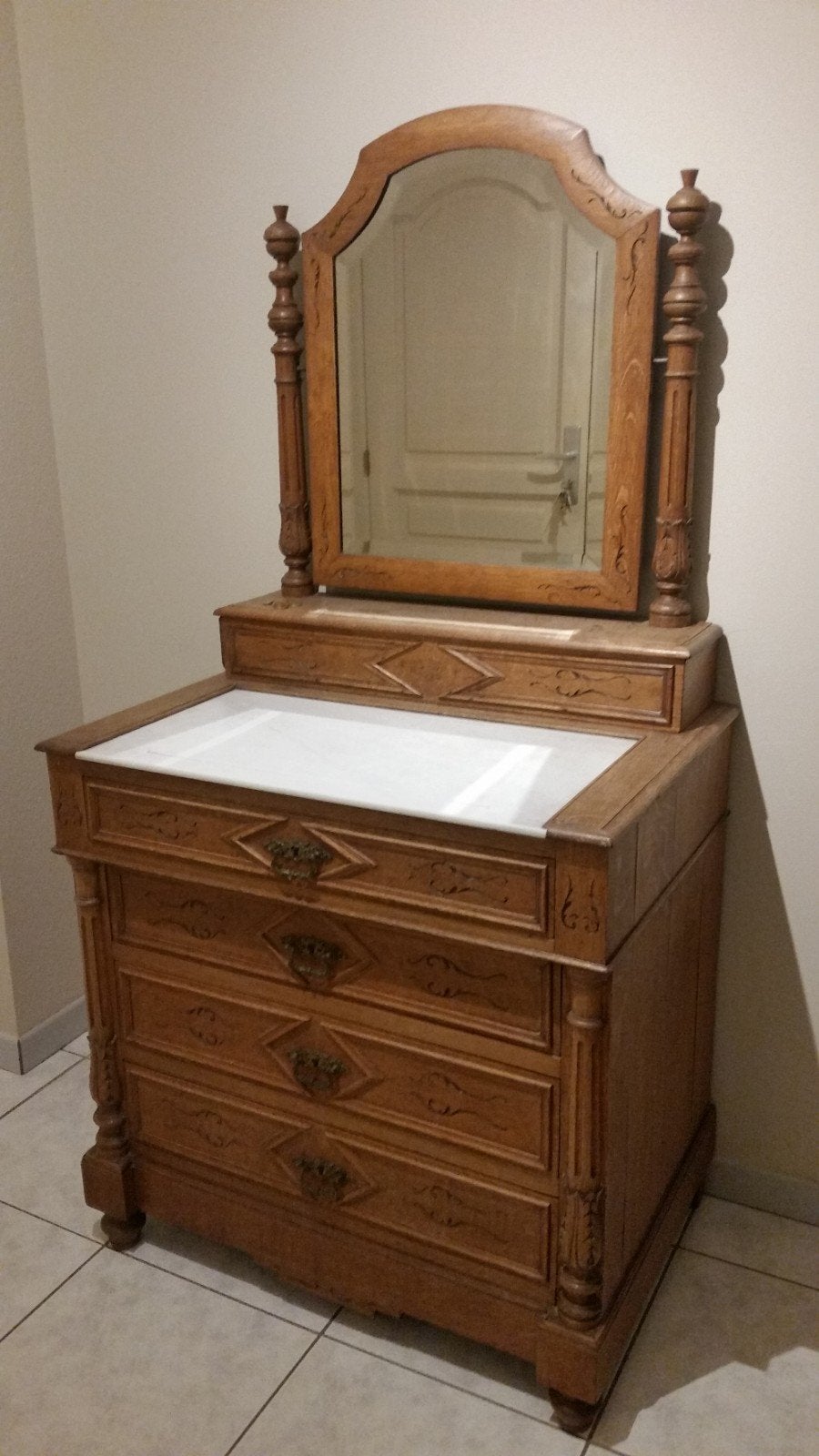Commode authentique en chêne massif avec plateau en marbre, Enlèvement