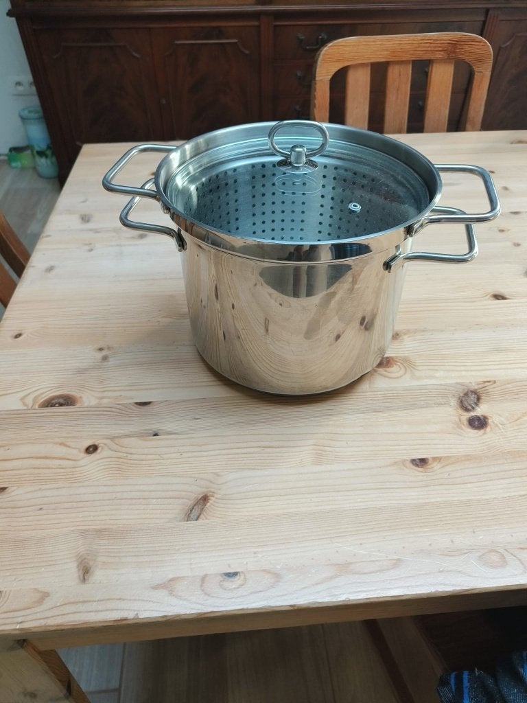 Grote kwaliteit roestvrijstalen kookpot, deksel en vergiet, Inox, Compatible lave-vaisselle, Comme neuf, Enlèvement
