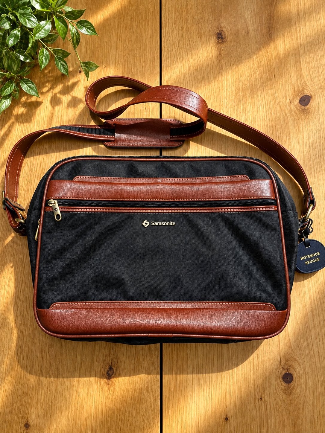 Samsonite laptoptas / schoudertas – zwart/bruin, Ophalen of Verzenden, Zo goed als nieuw, Handvat, Zwart