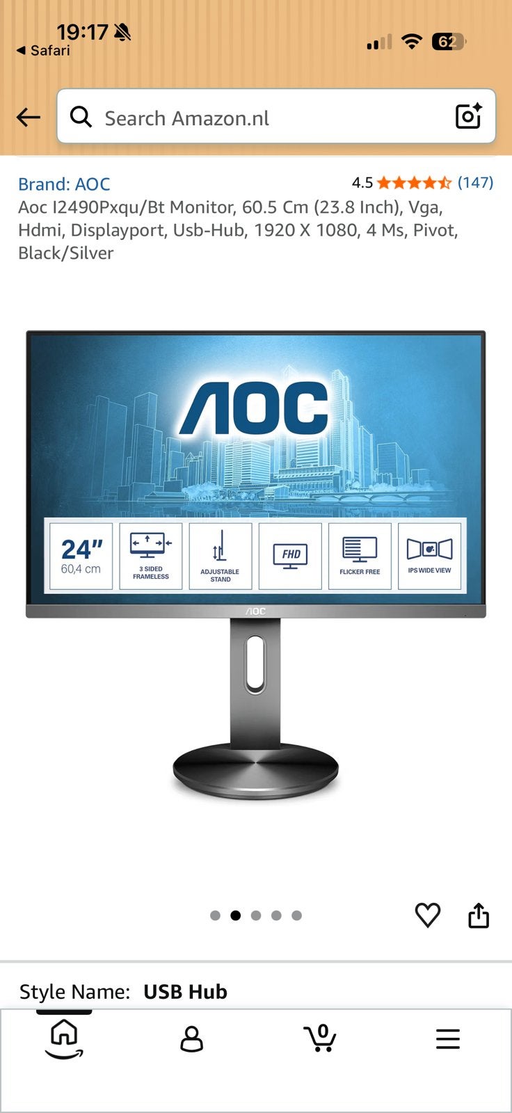 AOC I2490PXQU/BT 24” IPS Full HD Monitor – USB/HDMI/DP, Computers en Software, Zo goed als nieuw, 60 Hz of minder, IPS, 3 tot 5 ms