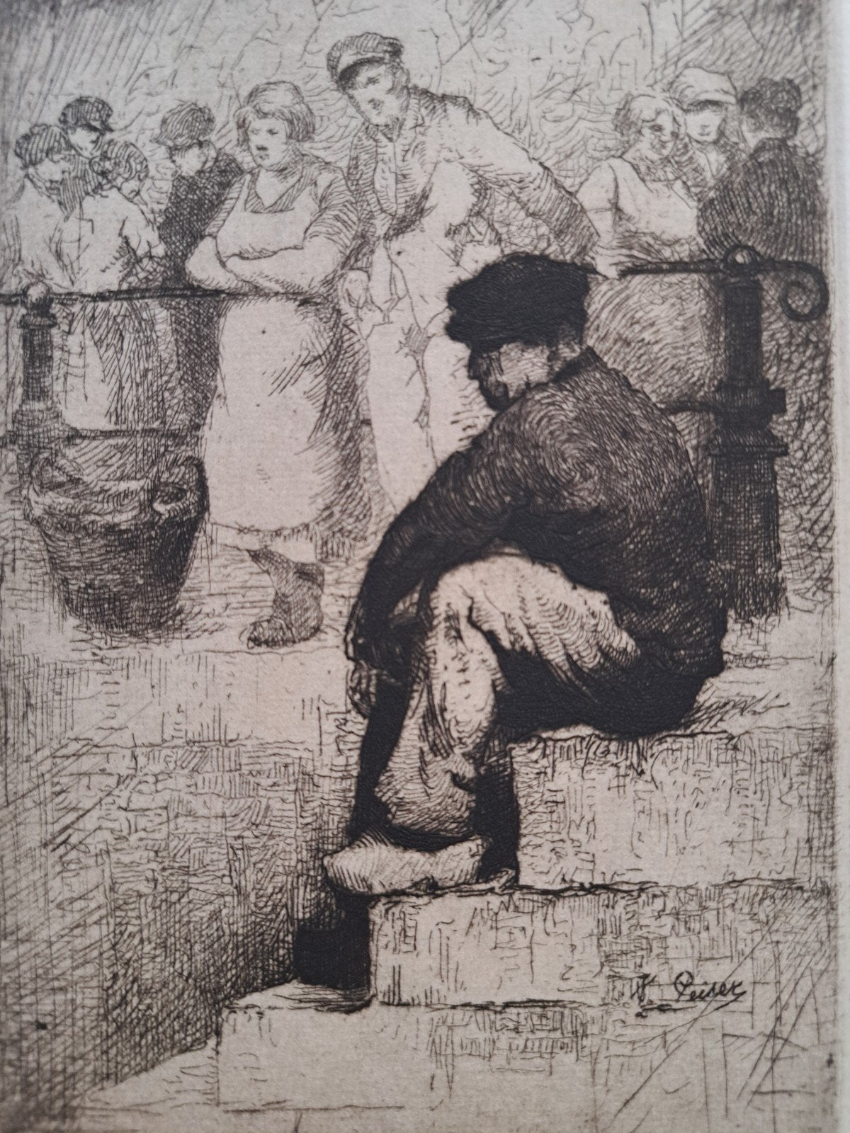 PEISER Kurt "L´attente des crevettiers" ets, Ophalen of Verzenden, Ets, Ingelijst