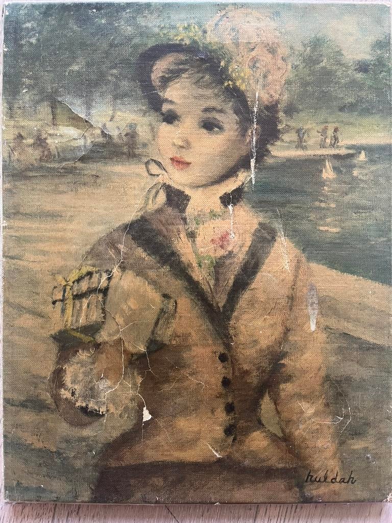 Ancien tableau style impressionniste signé Huldah, Enlèvement ou Envoi