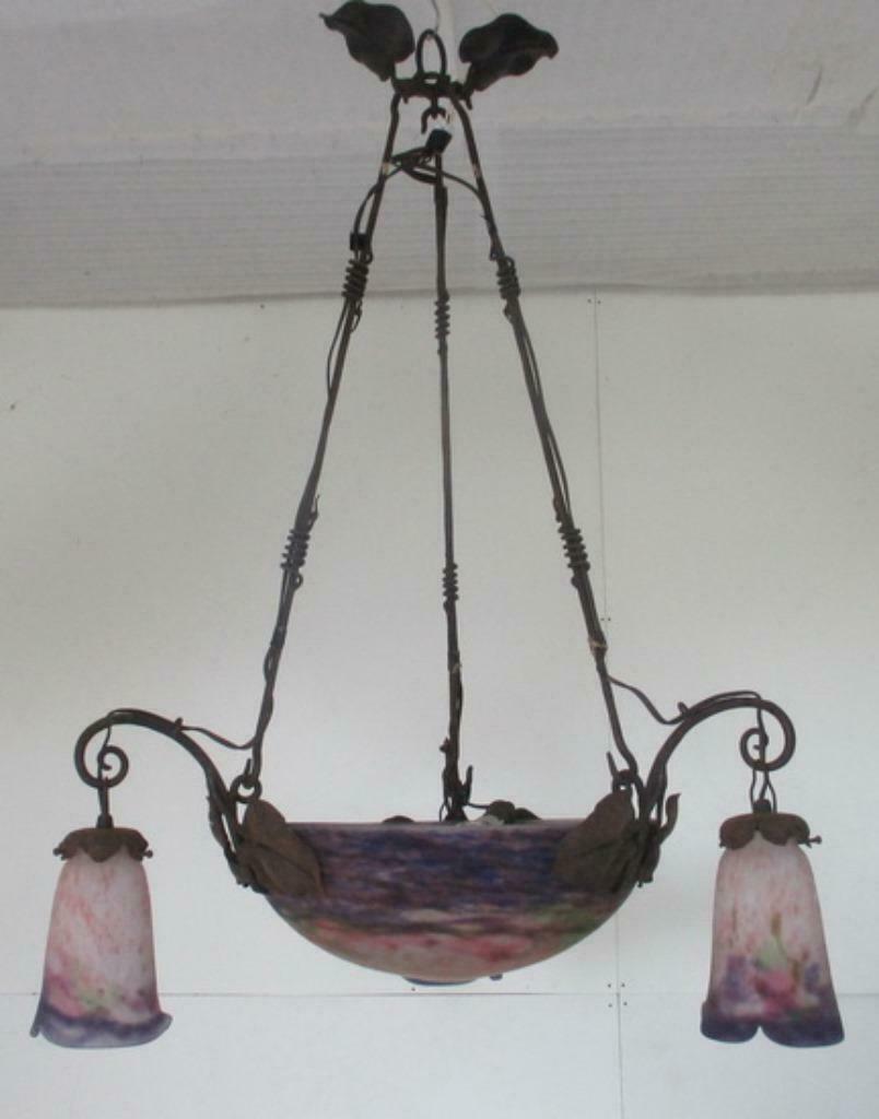 supergrote Muller freres lamp luster met smeedijzer 15, Antiek en Kunst, Ophalen