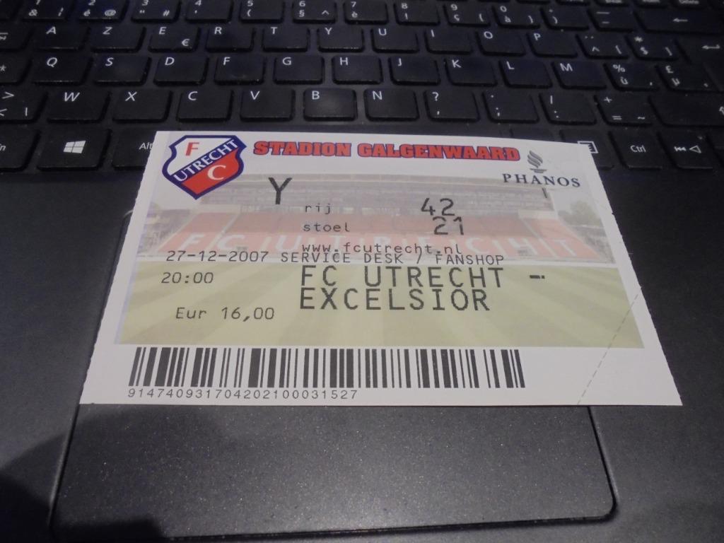 ticket FC Utrecht - Excelsior van toen, Verzamelen, Ophalen of Verzenden, Zo goed als nieuw, Poster, Plaatje of Sticker