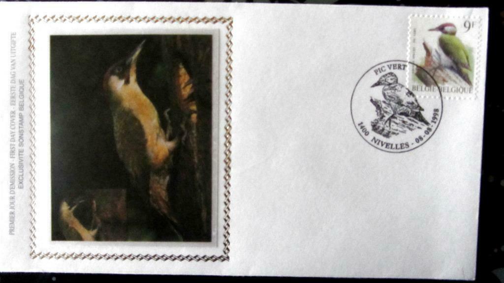 FIRST DAY COVER OP ZIJDE- VOGELS VAN BUZIN- DE GROENE SPECHT, Ophalen of Verzenden, Gestempeld, Dier of Natuur