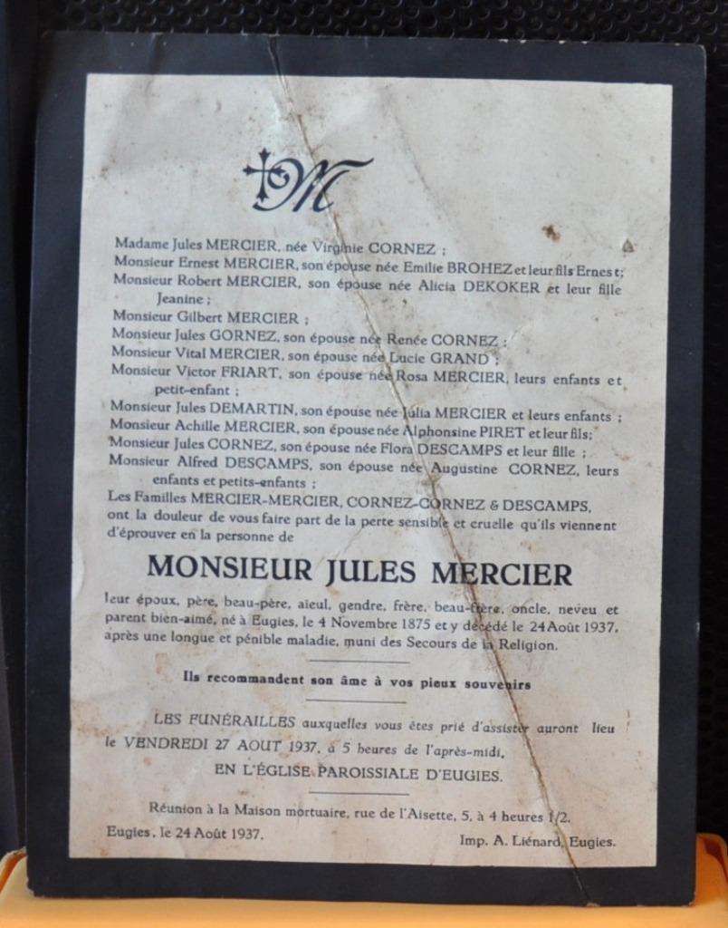 ancien faire part de décès de 1937 (15), Enlèvement ou Envoi, Carte de condoléances
