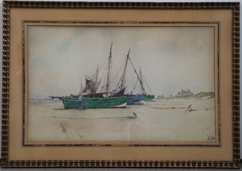 Vissersboten - Aquarel - 1932 - Gesigneerd, Ophalen of Verzenden