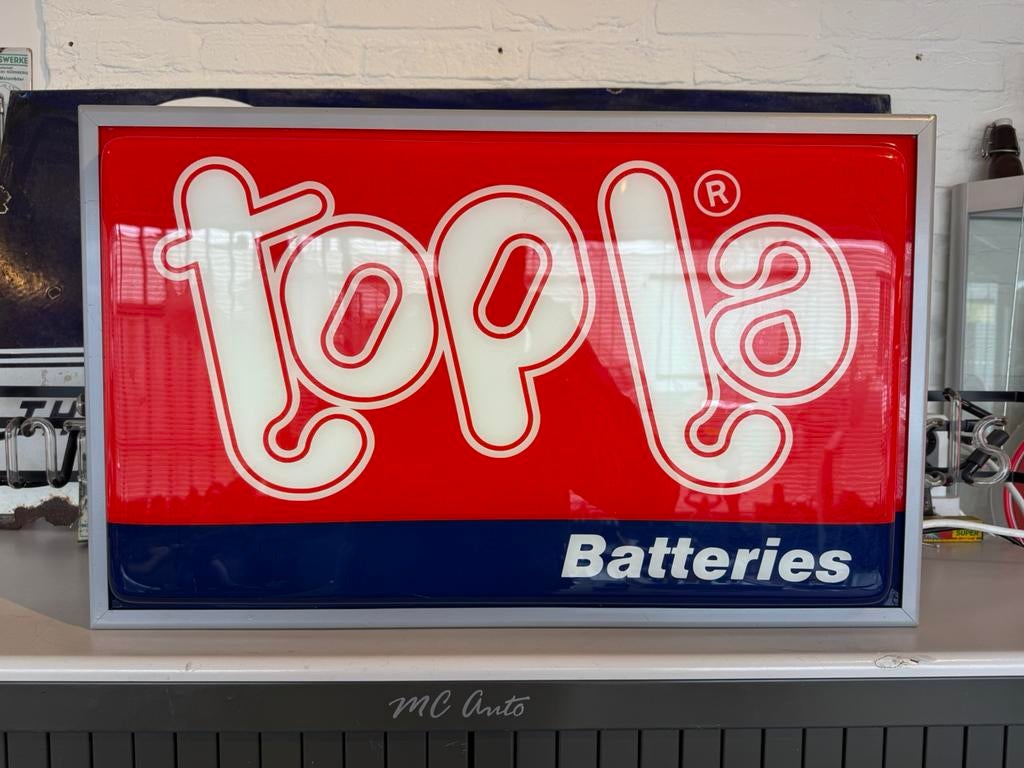 Topla accus garage reclame lichtbak, Ophalen, Gebruikt, Lichtbak of (neon) lamp