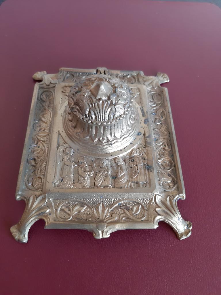 Ancien encrier en bronze avec petit pot en verre, Antiquités & Art, Enlèvement ou Envoi, Bronze