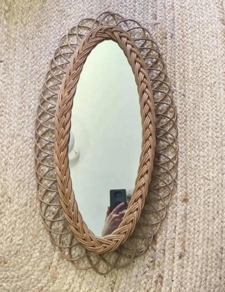 Miroir vintage en rotin, Moins de 100 cm, Enlèvement, Utilisé, Ovale