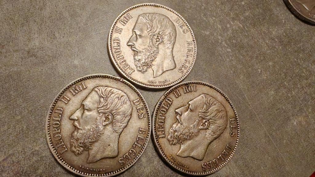 Belgie, Leopold II, 3 stuks 5 Francs 1870-1873,Zilver, Postzegels en Munten, Munten | België, Setje, Zilver, Ophalen of Verzenden