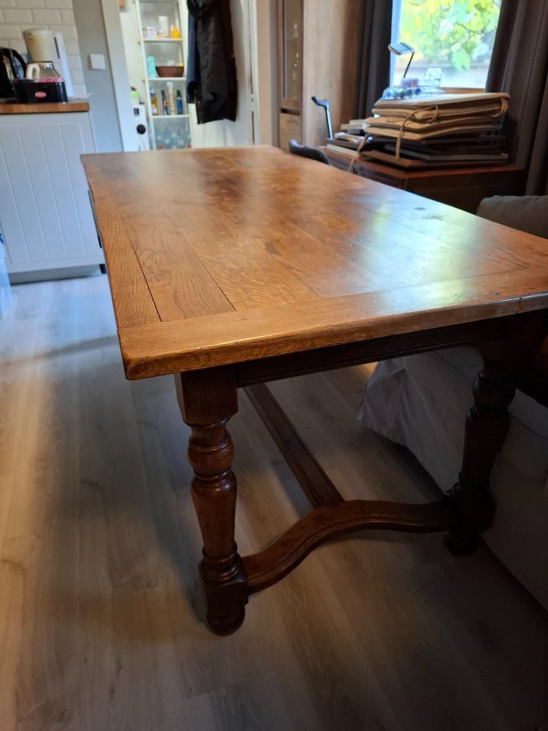 Voleiken tafel + 6 stoelen, Ophalen, Gebruikt, Eikenhout, 200 cm of meer