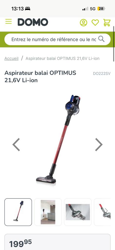 Aspirateur balai Domo OPTIMUS 21,6V Li-ion - Modèle DO222SV, Electroménager, Aspirateurs, Comme neuf, Réservoir, Enlèvement ou Envoi