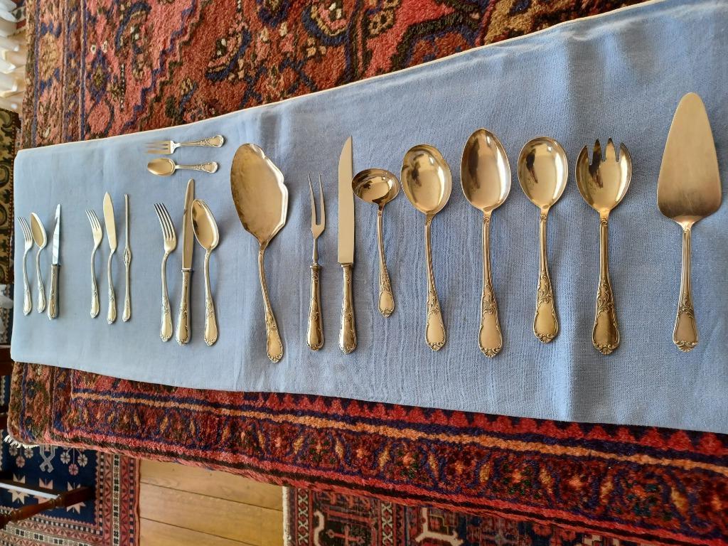 Couverts en argent (plaqué) pour 12 perso, Maison & Meubles, Cuisine | Couverts, Enlèvement, Utilisé, Argent, Ensemble de couverts