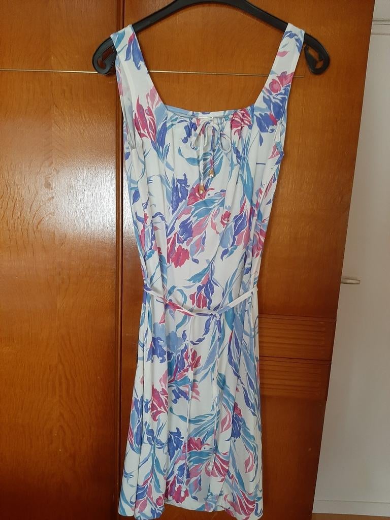 Vintage Tergal zomerjurk maat 48 – bloemenprint, Ophalen of Verzenden, Gedragen, Maat 46/48 (XL) of groter, Blauw