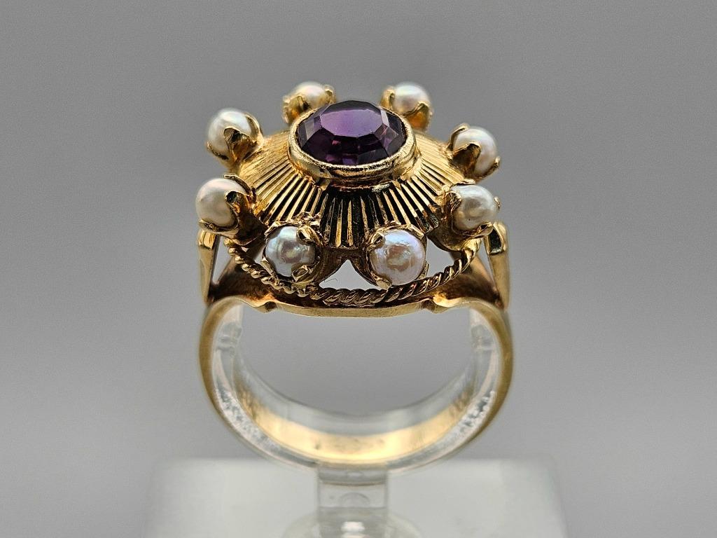 Bague ancienne en or, pierres précieuses, améthyste et perle, Enlèvement ou Envoi, Argent