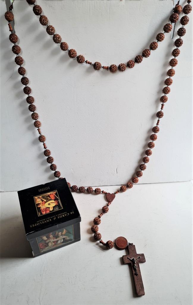 Vintage houten rozenkrans XXL in passende doos. Devotionalia, Ophalen of Verzenden, Zo goed als nieuw, Sieraad, Christendom | Katholiek