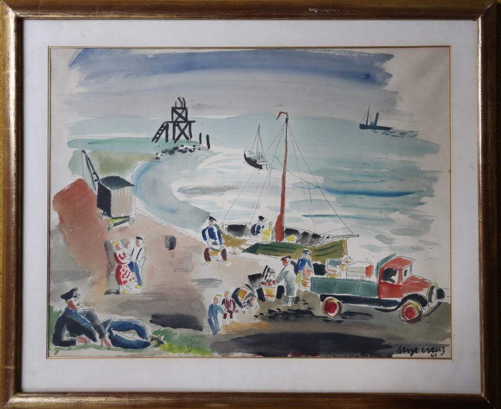 Serge Creuz inktgouache 1943 Port North Sea - Antwerp Marine, Ophalen