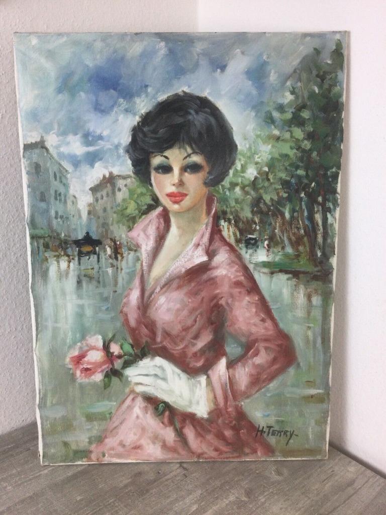 vintage schilderij Parijse jonge Dame op canvas, Ophalen of Verzenden, Huis en Inrichting
