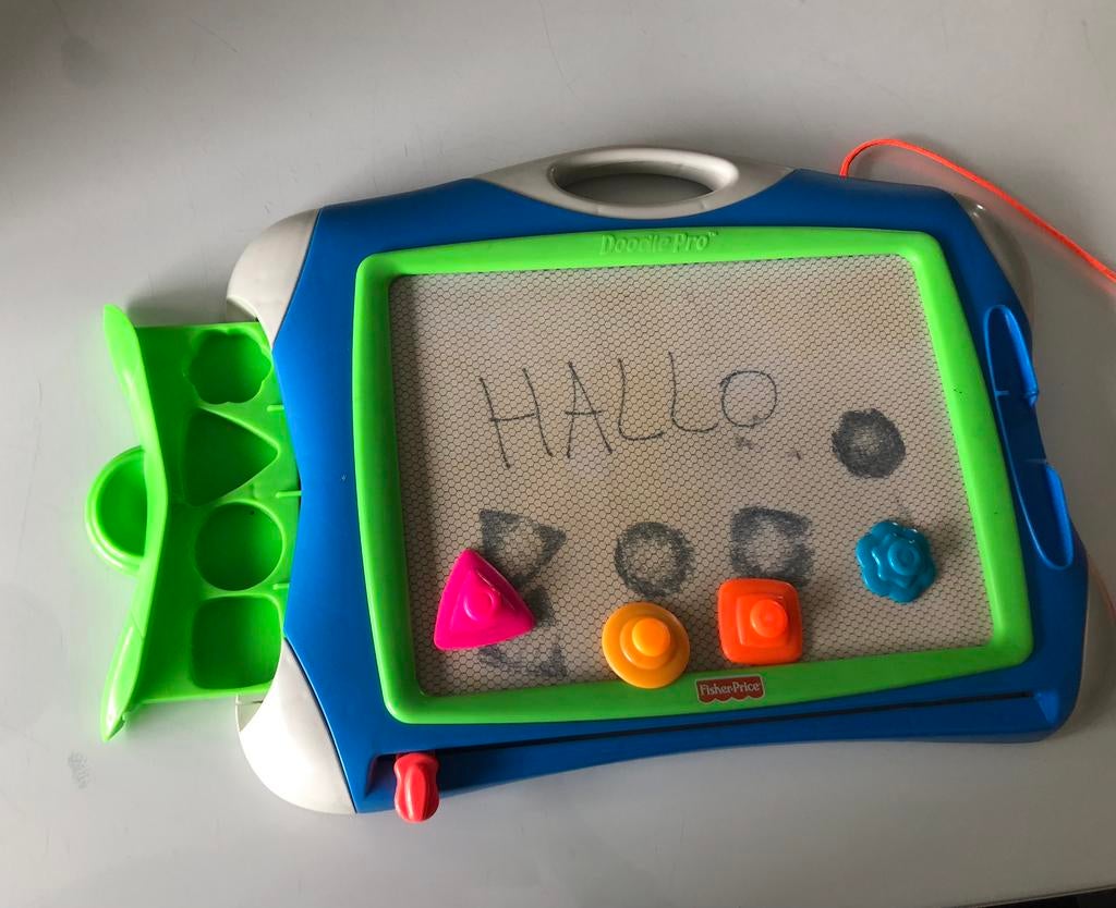 Schrijfbord uitveegbaar met 4 figuurstempels., Ophalen of Verzenden