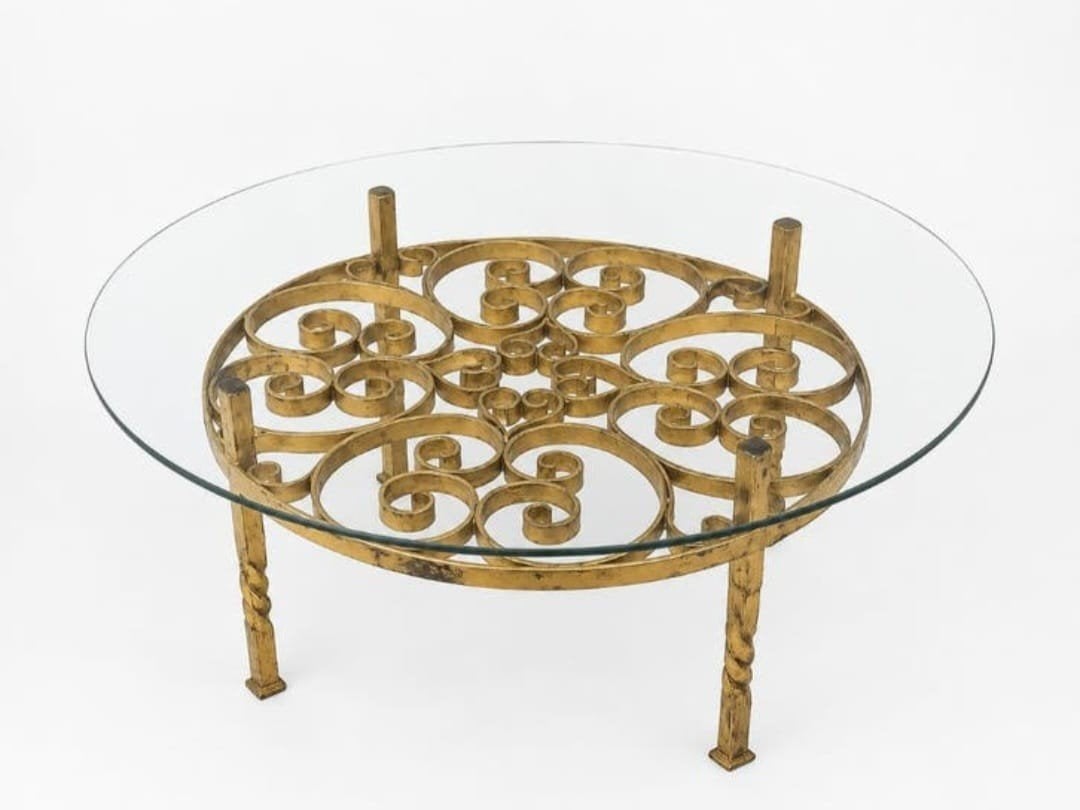 Vintage ronde salontafel in verguld smeedijzer, Enlèvement