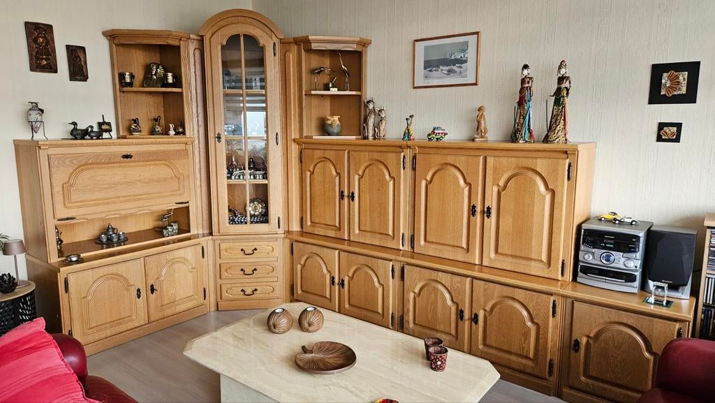 Lichte massief eikenhouten kledingkast met bar en vitrinekas, Huis en Inrichting, Ophalen
