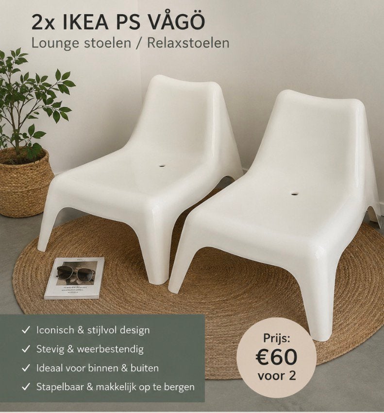 2x IKEA PS VÅGÖ loungestoel – wit – binnen & buiten, Ophalen, Zo goed als nieuw, Kunststof, Stapelbaar