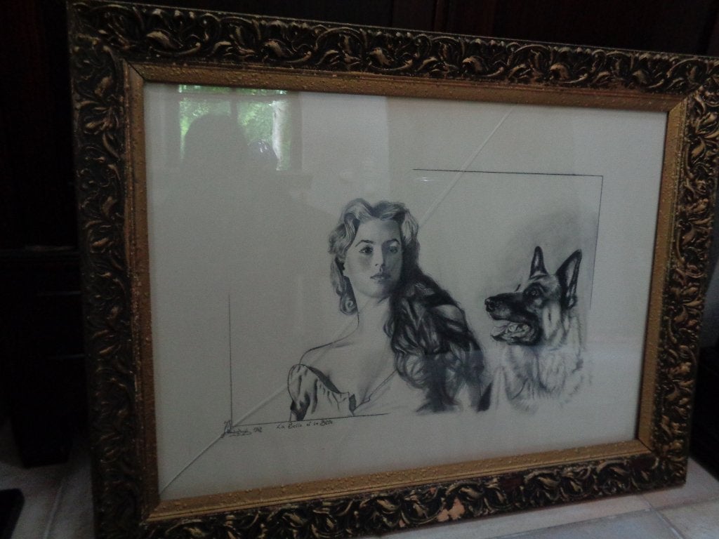 J. Vandenberghe (1930)-«La Belle et la Bête»-Voir PIRON, BAS, Antiquités & Art, Enlèvement ou Envoi, Peint à la main