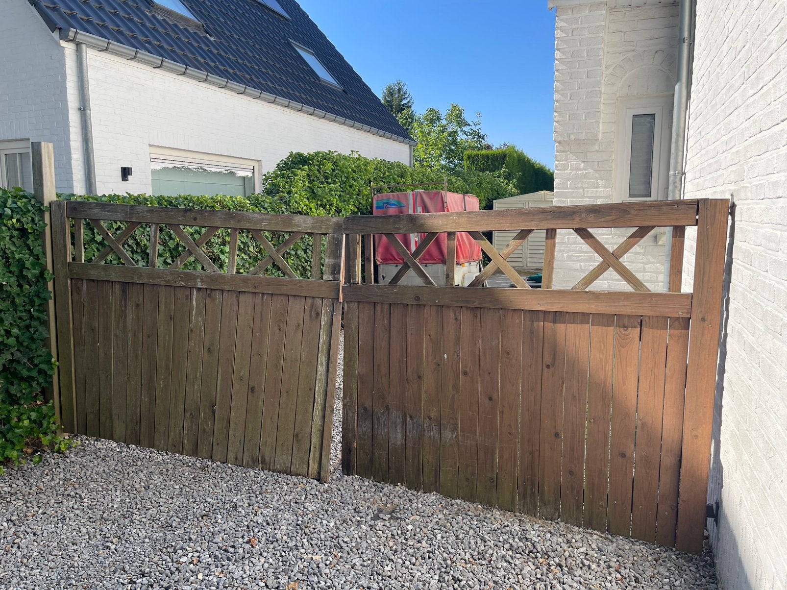 Gratis houten poort +/-365cm breed en 144cm hoog, Ophalen, Gebruikt
