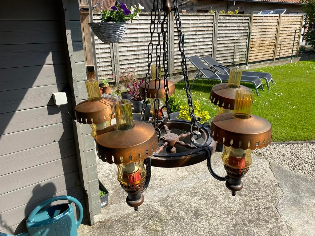 Antieke luster in hout met koper, Antiek en Kunst, Ophalen