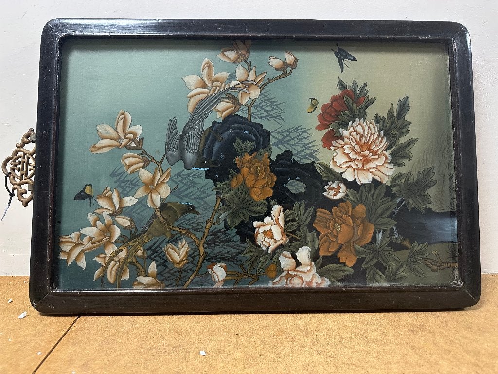 Chinese schilderij - 32 x 50, Antiek en Kunst, Kunst | Schilderijen | Klassiek, Ophalen, Vintage, Achter glas, Bloemen