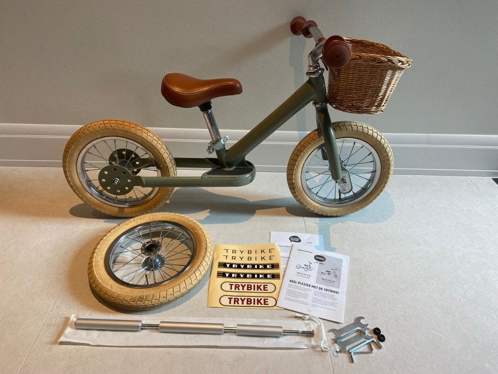 Trybike steel 2-in-1 loopfiets, vintage mat groen - bruin, Kinderen en Baby's, Speelgoed | Buiten | Voertuigen en Loopfietsen