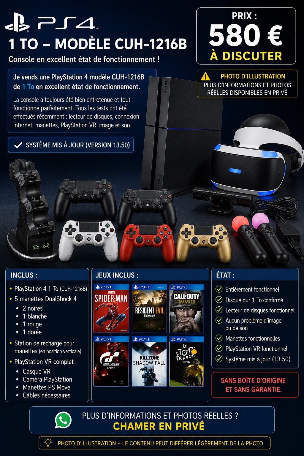 Pack PS4 FAT 1 To +PlayStation VR +5 Manettes +Jeux – 580€, Avec jeux, Avec 3 manettes ou plus, Enlèvement, Utilisé