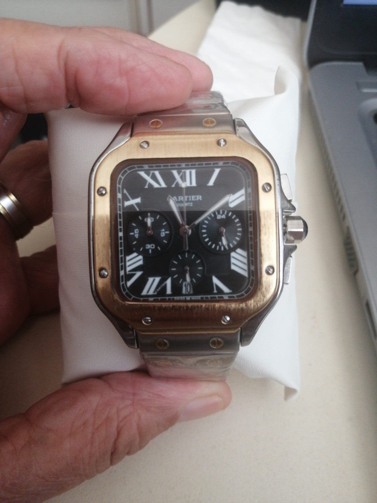 Cartier Santos Chonograaf bicolor zilver goud kleur, Overige merken, Staal, Staal, Polshorloge