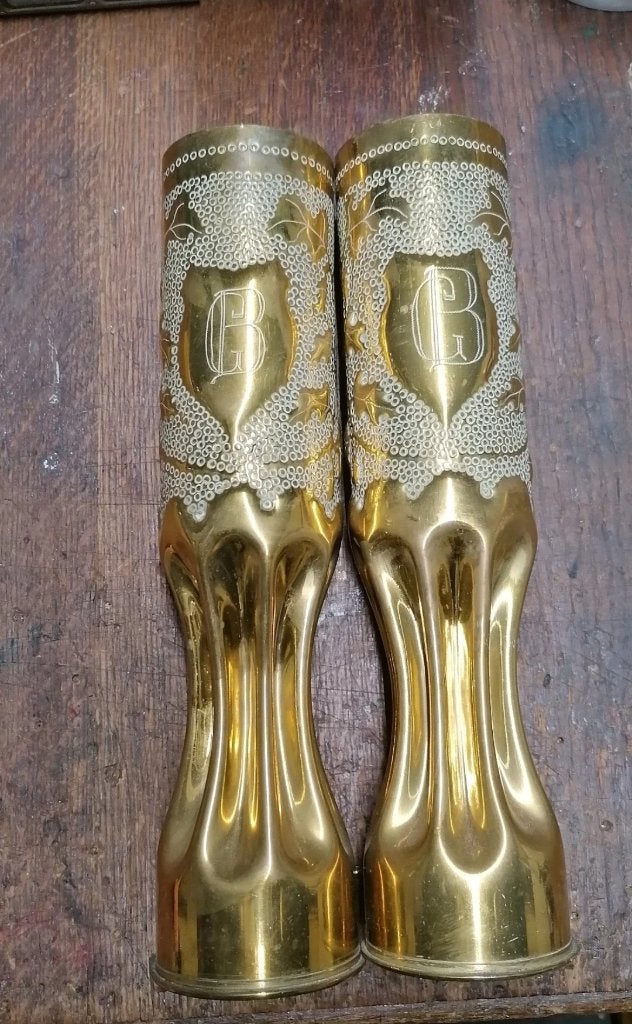 Landser WO1 gebeeldhouwde militaire granaten, Verzamelen, Militaria | Algemeen, Verzenden, Overige soorten, Hulzen of Bodemvondsten